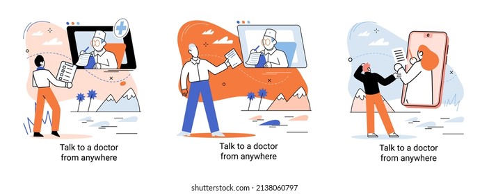 Online medical services mobile application consultation and prescription medicine professional doctor connecting and giving consultation for patient anywhere telemedicine metaphor, health care program