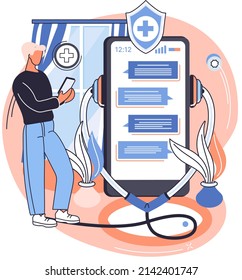 Online medical services mobile application consultation and prescription medicine professional doctor connecting and giving consultation for patient anywhere telemedicine metaphor, health care program
