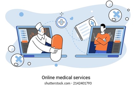 Online medical services mobile application consultation and prescription medicine professional doctor connecting and giving consultation for patient, telemedicine concept metaphor, health care program