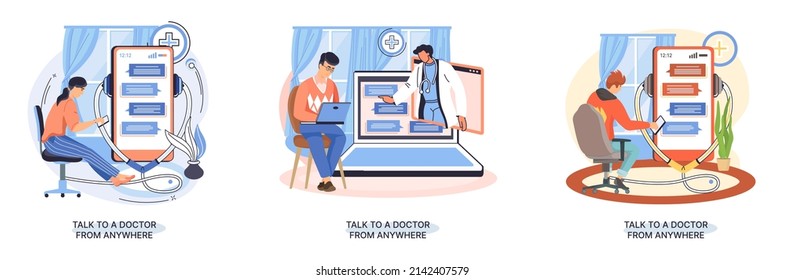 Online medical services mobile application consultation and prescription medicine professional doctor connecting and giving consultation for patient anywhere telemedicine metaphor, health care program