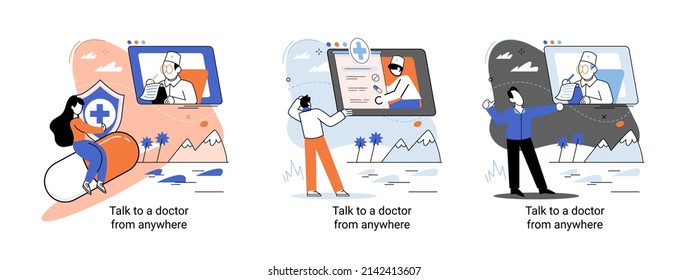 Online medical services mobile application consultation and prescription medicine professional doctor connecting and giving consultation for patient anywhere telemedicine metaphor, health care program
