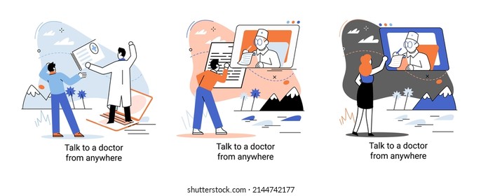 Online medical services mobile application consultation and prescription medicine professional doctor connecting and giving consultation for patient anywhere telemedicine metaphor, health care program