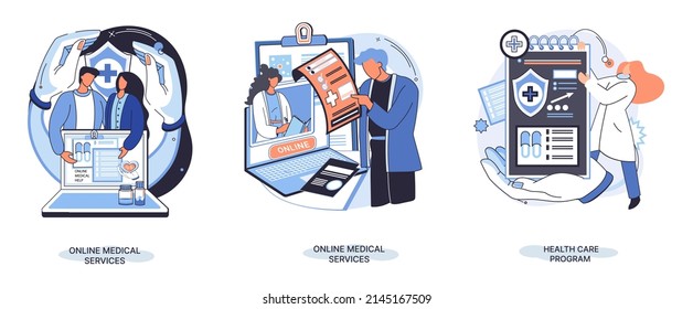 Online medical services mobile application consultation and prescription medicine professional doctor connecting and giving consultation for patient anywhere telemedicine metaphor, health care program