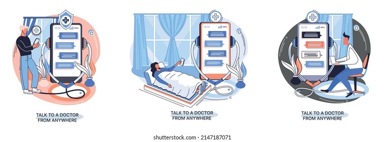 Online medical services mobile application consultation and prescription medicine professional doctor connecting and giving consultation for patient anywhere telemedicine metaphor, health care program