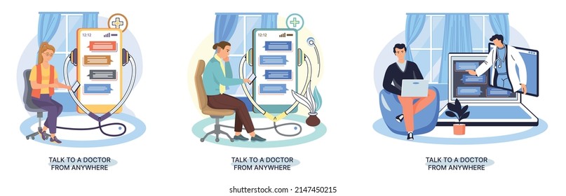 Online medical services mobile application consultation and prescription medicine professional doctor connecting and giving consultation for patient anywhere telemedicine metaphor, health care program