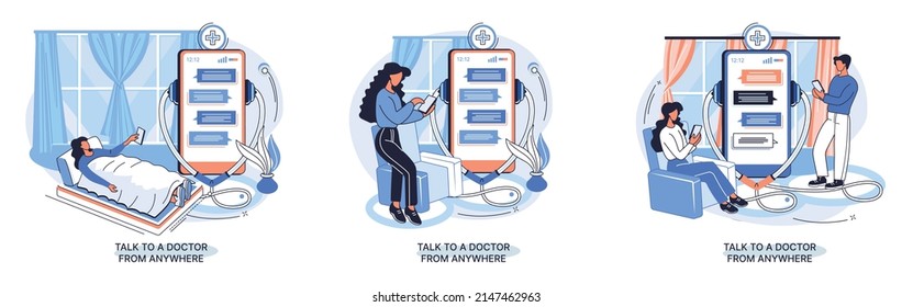 Online medical services mobile application consultation and prescription medicine professional doctor connecting and giving consultation for patient anywhere telemedicine metaphor, health care program