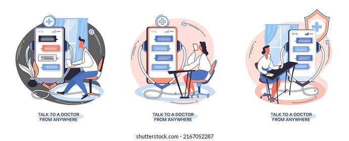 Online medical services mobile application consultation and prescription medicine professional doctor connecting and giving consultation for patient anywhere telemedicine metaphor, health care program