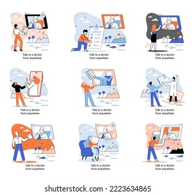 Online medical services mobile application consultation and prescription medicine professional doctor connecting and giving consultation for patient anywhere telemedicine metaphor, health care program