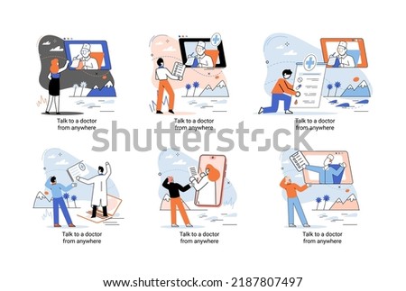 Online medical services mobile application consultation and prescription medicine professional doctor connecting and giving consultation for patient anywhere telemedicine metaphor, health care program