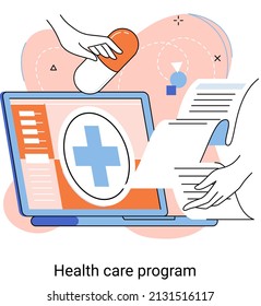 Online Medical Services, Protection Medicine. Medical Insurance, Health Care Program, Shield With Cross, Hospital Services, Preventive Check Up, Sick Leave Certificate, Volunteer Enrollment Project