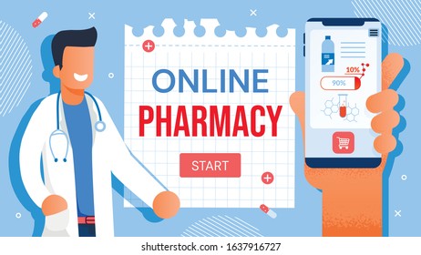 Online Medical Services for Sick Patient Treatment. Pharmaceutical Drugs Prescription via Internet, Medication Dose Control through Mobile Application. Friendly Pharmacist and Human Hand Holding Phone