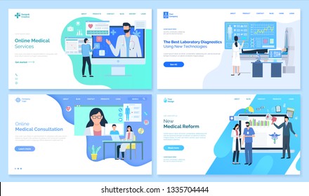 Online medical services vector, best laboratory diagnostics using new technologies, consultation of doctor, treatment and receipt from specialist. Website or webpage template, landing page flat style