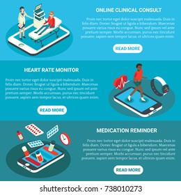Online medical services vector flat isometric horizontal banner set. Online clinical consult, Heart rate monitor, Medication reminder concept design elements for web, print.