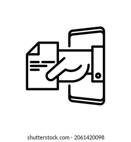 Online medical sheet, prescription thin line icon: hand with recipe from smartphone. Modern vector illustration.