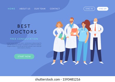 Online medical support application concept. Hospital medical team, medicine workers standing together. Can use for landing page, template, ui, web, mobile app, poster, banner, flyer