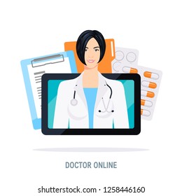 Online medical support concept. Concultation with female doctor. Vector illustration in flat style