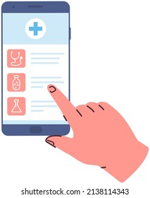 Online medical support and consultation concept. Person choose medication online via smartphone. Application for medical diagnosis, healthcare service. Hand holds phone with app for treatment