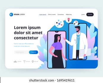 Online medical support. Digital healthcare solutions. Professional doctors and patients in a virtual environment Innovative medical diagnosis and technology. Vector illustration for web, hero images