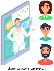 Online medical support doctor consultation app. People chat with doctor online via smartphone. Application for medical diagnosis, treatment. Neutral face expressions of characters on consultation