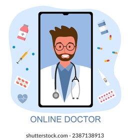 Online medical support. Online doctor. Patient consulting doctor using online technology through smartphone app.