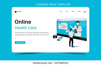 Online medical support and heath care activities with doctors flat landing page illustration
