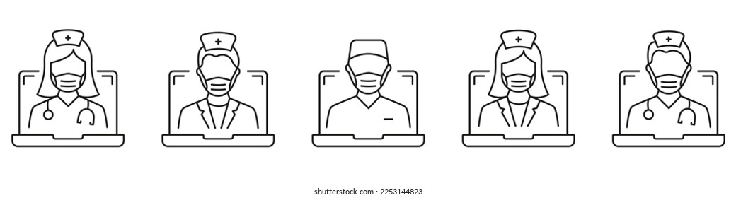 Online Medical Support. Hospital Healthcare Staff Line Icon. Male and Female Professional Doctors Outline Pictogram. Nurse, Otolaryngologist, Surgeon icon. Isolated Vector Illustration.