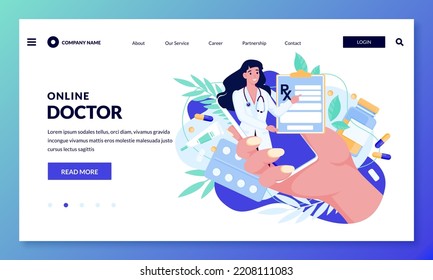 Online medical support, tele medicine concept. Hand with smartphone and female therapist with electronic prescription on screen. Vector flat illustration of consultation with doctor in chat