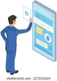 Online medical treatment, diagnostics, pharmacy prescription. Mobile app for consultations with doctor and diagnosis. Man uses program for health analytics, looking at medical application interface