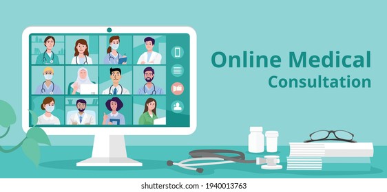 Online medical video conference with team of doctors and nurses