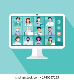 Online medical video conference with team of doctors and nurses