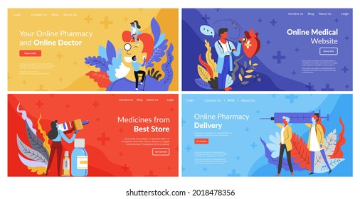 Online medical website set, vector illustration. Doctor character in internet, network pharmacy service, medicine delivery, web page collection. Patient use clinic service at landing banner.