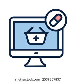 medicação online, cápsula dentro da tela do computador ícone do conceito da medicação online