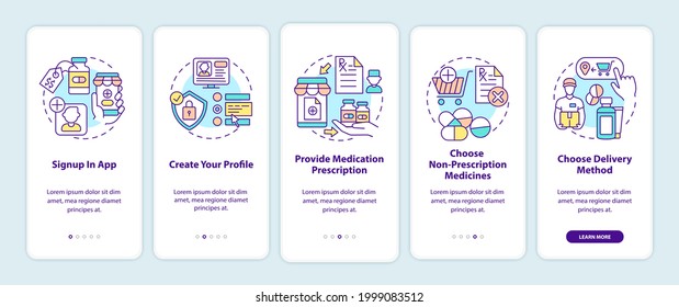 Online medication order steps onboarding mobile app page screen with concepts. Signup in app walkthrough 5 steps graphic instructions. UI vector template with RGB color illustrations