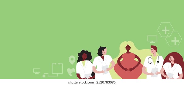 Online medicine for african pregnant woman, flat vector stock illustration or copy space template with pregnant patient and doctors online for sstkTechnology