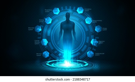Online medicine, blue poster with silhouette of human inside blue portal made of digital rings in dark empty scene