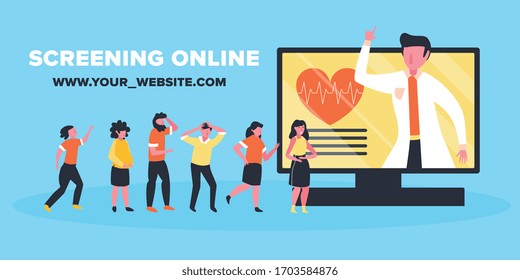 Online medicine composition with human characters desktop computer image and editable text with web site address vector illustration