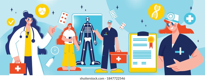 Online medicine composition with isolated pictogram icons phamaceutical drugs and characters of medical specialists in uniform vector illustration