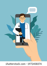 Online medicine concept. Cartoon flat human hand holding smartphone with video call to doctor character on screen, using mobile advise or consultation service app. Vector illustration