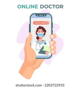 Online medicine concept. Online consultation of a doctor. Hand holding a phone. Tele medicine. Flat vector illustration.