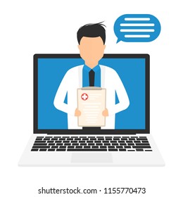 Online medicine concept. Digital online medical care. Online doctor or pharmacist, medical consultation. Doctor is showing recipe and recommendations. Vector