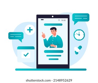 Online Medicine Concept. Doctor Communicates With Patient Via Internet. Special Program For Collecting Data About Body Making Diagnosis And Choosing Treatment. Cartoon Flat Vector Illustration