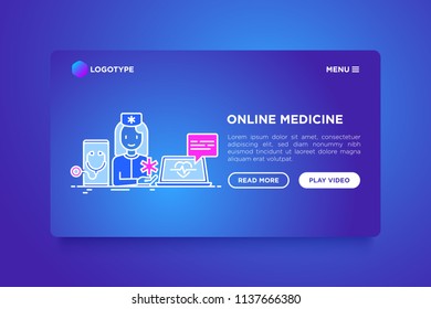 Online medicine concept: doctor consulting by video call. Thin line icons. Modern vector illustration, web page template on gradient background.