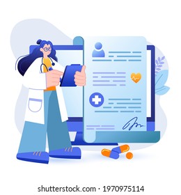 Online medicine concept. Doctor provides medical services, concludes agreement with patient scene. Medicine, healthcare, diagnostic, treatment. Vector illustration with people character in flat design