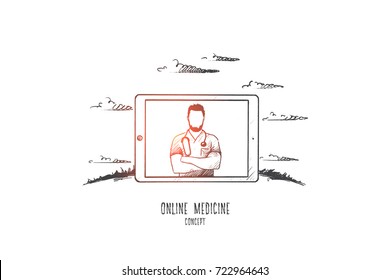 Online medicine concept. Hand drawn doctor with stethoscope on tablets monitor. Online diagnosis of the disease isolated vector illustration.