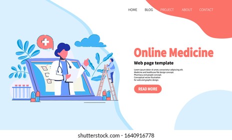 Online medicine concept. Landing page template.Flat vector illustration. App intro card, editorial, flyer, horizontal banner. Web design. Patient consultation to the doctor via internet. Ask a doctor.