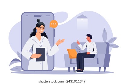 Online medicine concept. Man talking with woman in medical uniform at smartphone screen. Consultation on internet. Distant treatment and diagnosis. Cartoon flat vector illustration