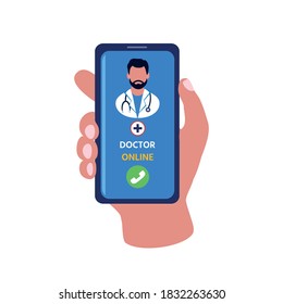 Online medicine concept.  Medical Consultation by Internet with Doctor using mobile advise or consultation service app. Vector illustration for logo, banner, poster, web page