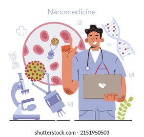 Online medicine concept. IT medical services and bioinformatics, computation and analysis to the capture and interpretation of bio data. Nanotechnology for medicine. Vector flat illustration.