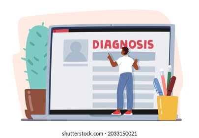 Online Medicine Concept. Patient Male Character Reading Diagnosis Description on Laptop Screen. Smart Medical Technology. Character Use Computer for Internet Consultation. Cartoon Vector Illustration