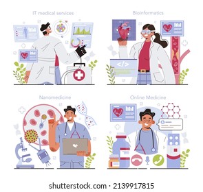 Online medicine concept set. IT medical services and bioinformatics, computation and analysis to the capture and interpretation of bio data. Nanotechnology for medicine. Vector flat illustration.